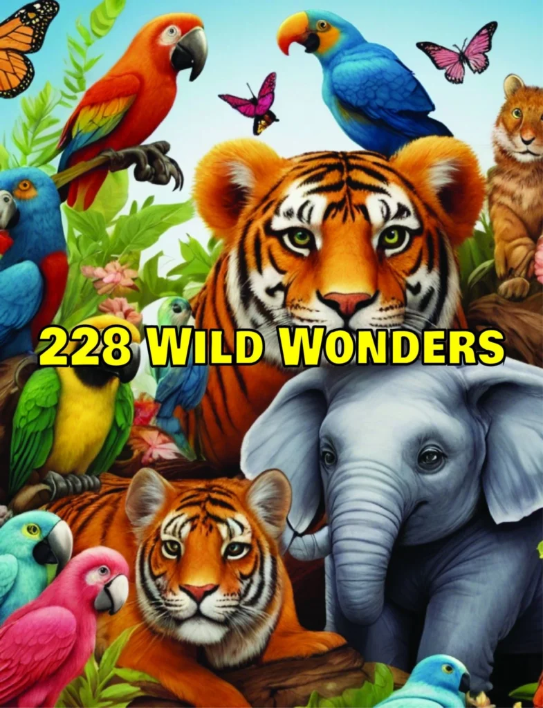 Wildlife coloring book cover – features line art of animals with a forest background and decorative title.