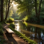 Peaceful river flowing through a forest with a bench on the shore, symbolizing reflection and inspiration