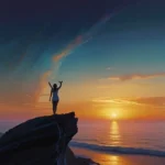 Silhouette of a person on a cliff at sunset, symbolizing strength and hope