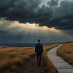 Person walking beside a sidewalk under swirling clouds, symbolizing strength and resilience