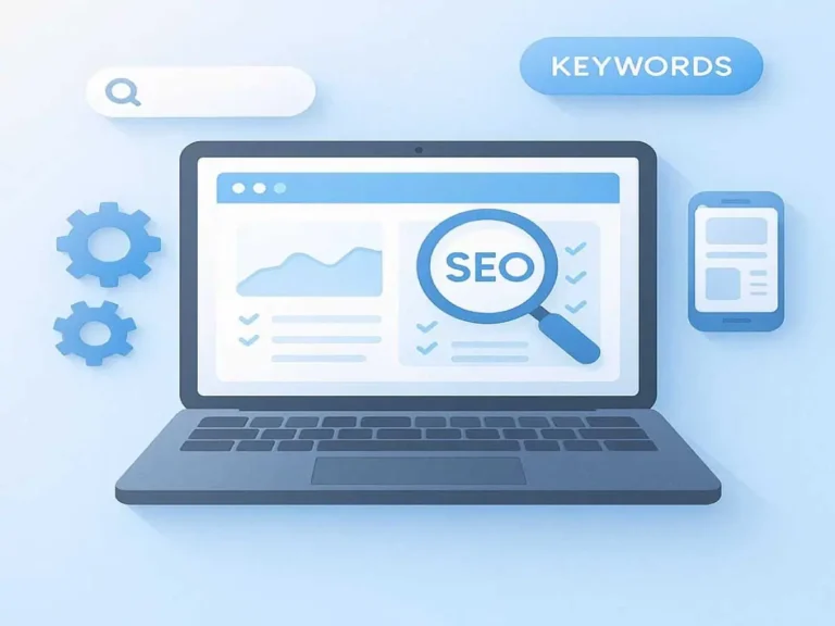 Computer monitor displaying SEO elements with a magnifying glass, the word 'SEO', 'keywords'